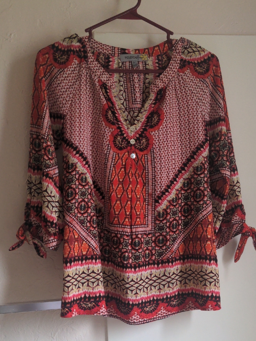 Tribal Style Orange & Red Printed Boho Tunic Quarter Sleeve With Knot Bows